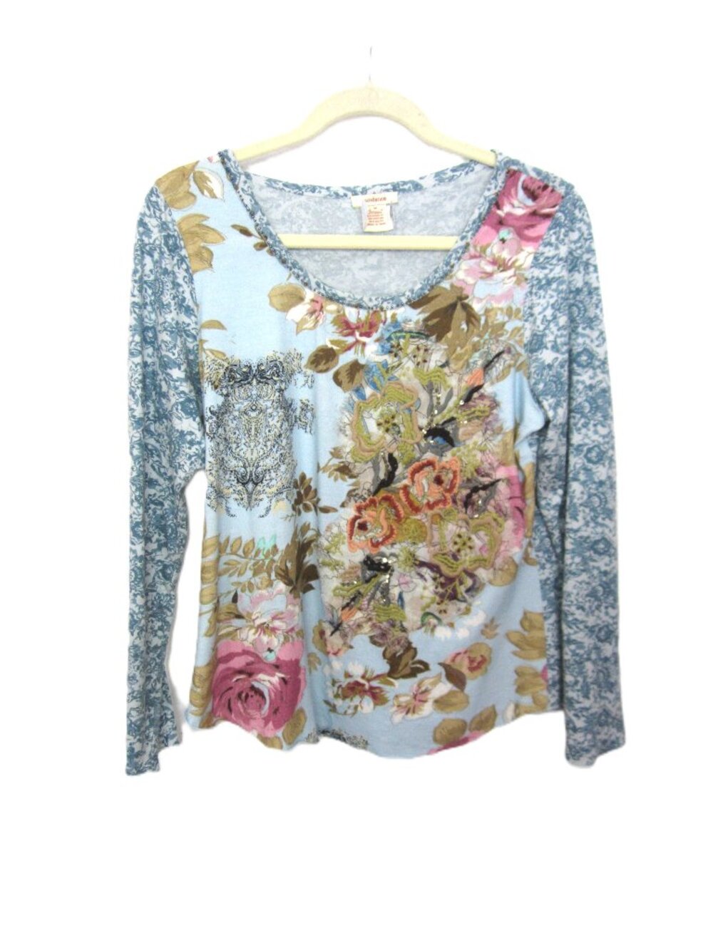 Sundance Size M Embellished Beaded Tee Shirt Long Sleeve Raw Applique Embroidery
